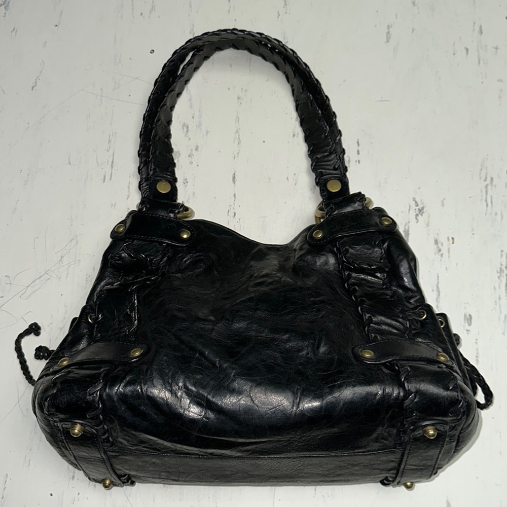 KOOBA Sienna Black Distressed Pebbled Leather Satchel Whipstitched Accents EUC